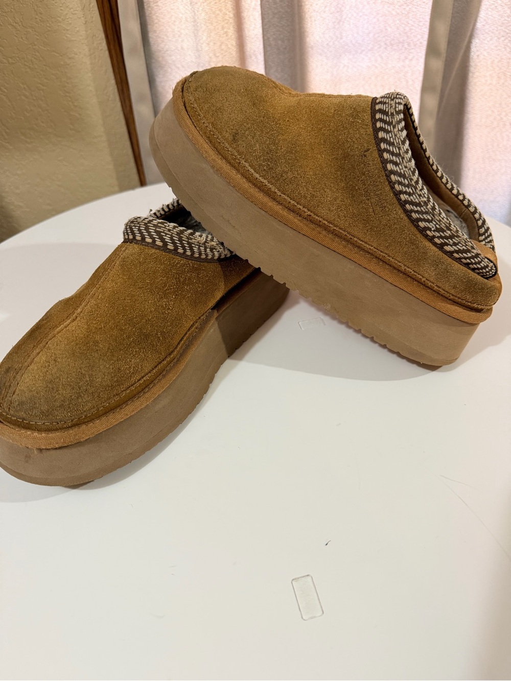 Koolaburra Tan Suede Platform Mule with Woven Trim